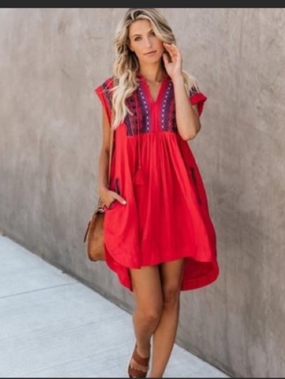 Fate Embroidered Dress By Vici Cotton Med Red Boho Oversized Pockets S